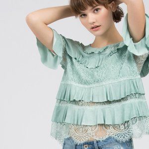 POL 1/2 sleeve ruffle trim lace top w eyelet Cottagecore Romantic Vintage-look